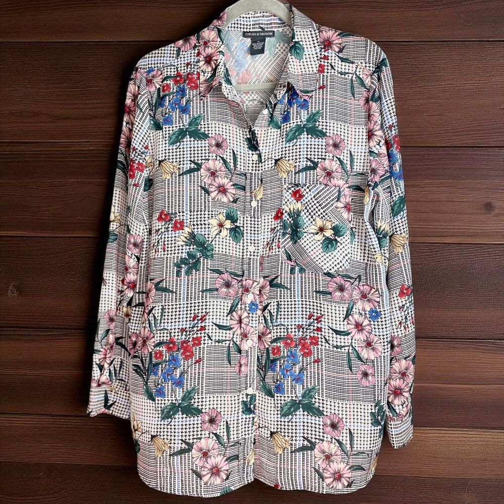 Chelsea & Theodore Button Front Blouse Floral Houndstooth Large